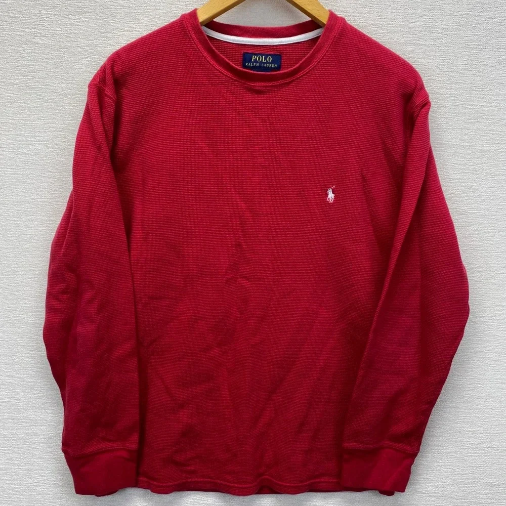 Polo Ralph Lauren Mens Large Red Waffle Knit Thermal‎ Long Sleeve Crewneck Shirt